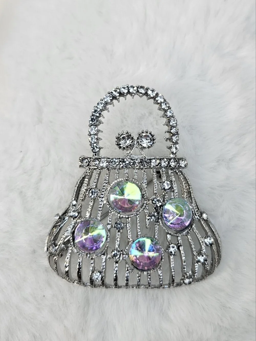 Rhinestone Silver Handbag Brooch – Iridescent Accent